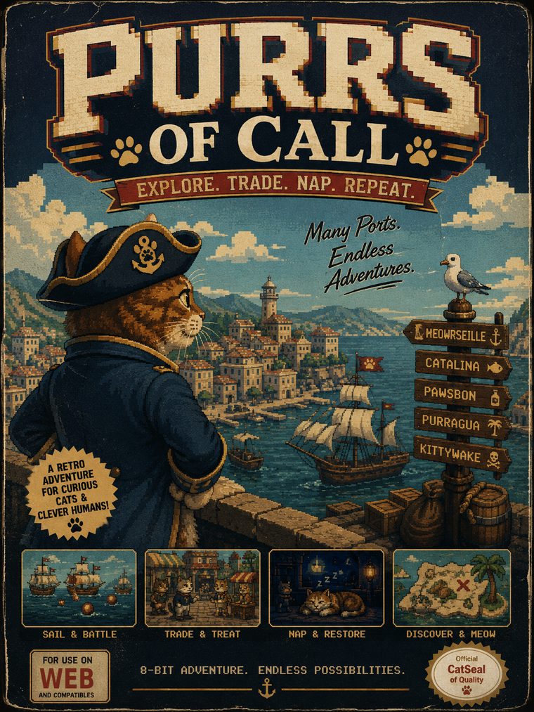 Purrs of Call box art: a tabby cat in a tricorn hat overlooking a harbour